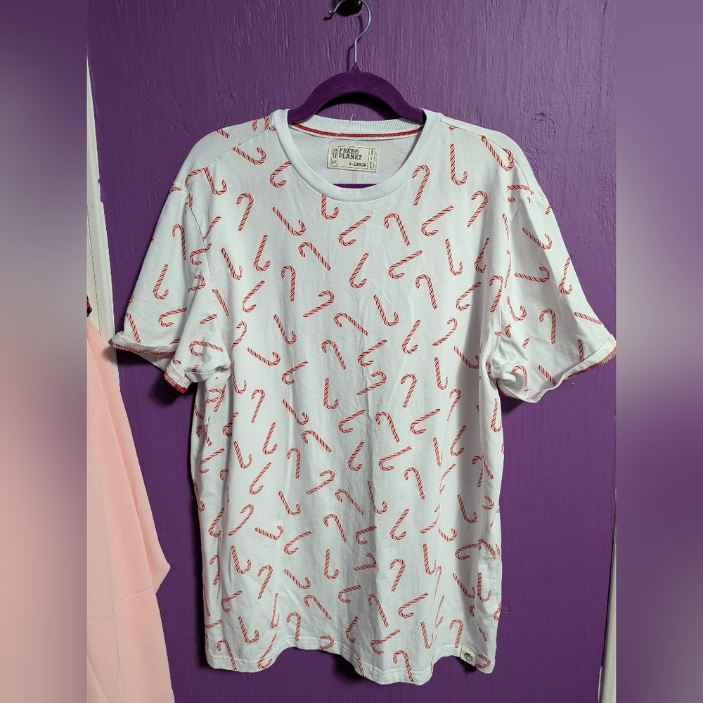 Free Planet White Red Candy Cane Cuffed Short Sleeve Graphic Tee XL 16 18